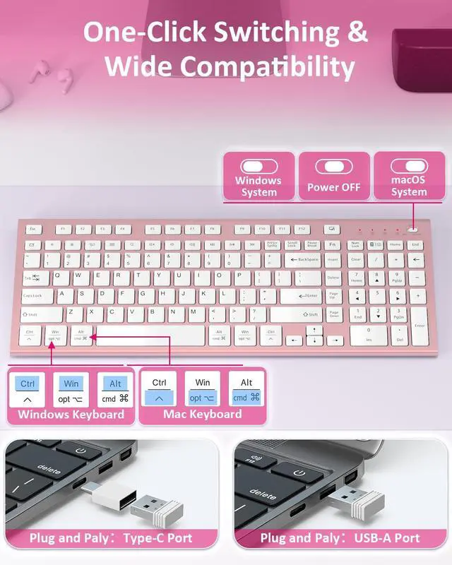 Alt view image 2 of 7 - Wireless Silent Keyboard, Ultra Quiet USB C Low Profile Compact Full Size with Number Pad Flat Slim Thin Soft Touch for Mac Computer MacBook iMac PC Laptop Desktop Office (Pink Rose Gold)