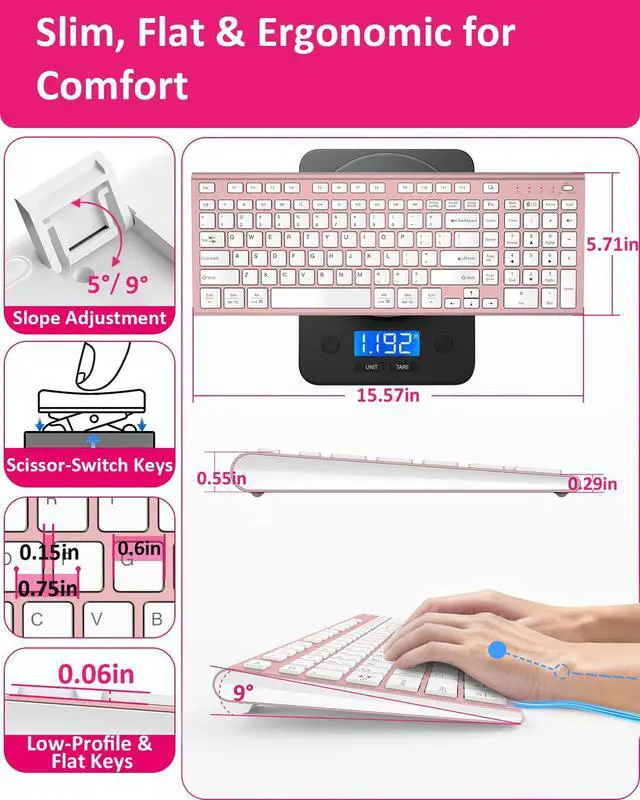 Alt view image 4 of 7 - Wireless Silent Keyboard, Ultra Quiet USB C Low Profile Compact Full Size with Number Pad Flat Slim Thin Soft Touch for Mac Computer MacBook iMac PC Laptop Desktop Office (Pink Rose Gold)