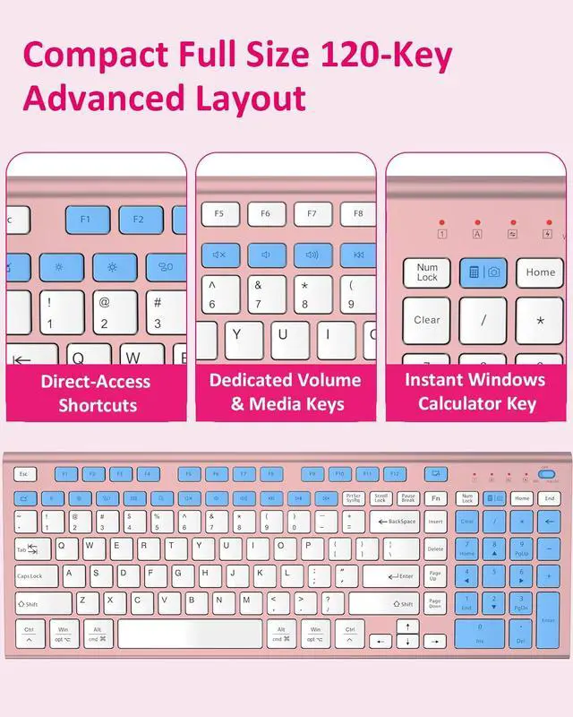Alt view image 5 of 7 - Wireless Silent Keyboard, Ultra Quiet USB C Low Profile Compact Full Size with Number Pad Flat Slim Thin Soft Touch for Mac Computer MacBook iMac PC Laptop Desktop Office (Pink Rose Gold)