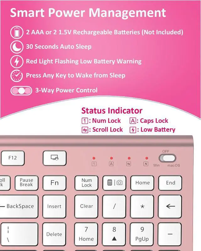Alt view image 7 of 7 - Wireless Silent Keyboard, Ultra Quiet USB C Low Profile Compact Full Size with Number Pad Flat Slim Thin Soft Touch for Mac Computer MacBook iMac PC Laptop Desktop Office (Pink Rose Gold)