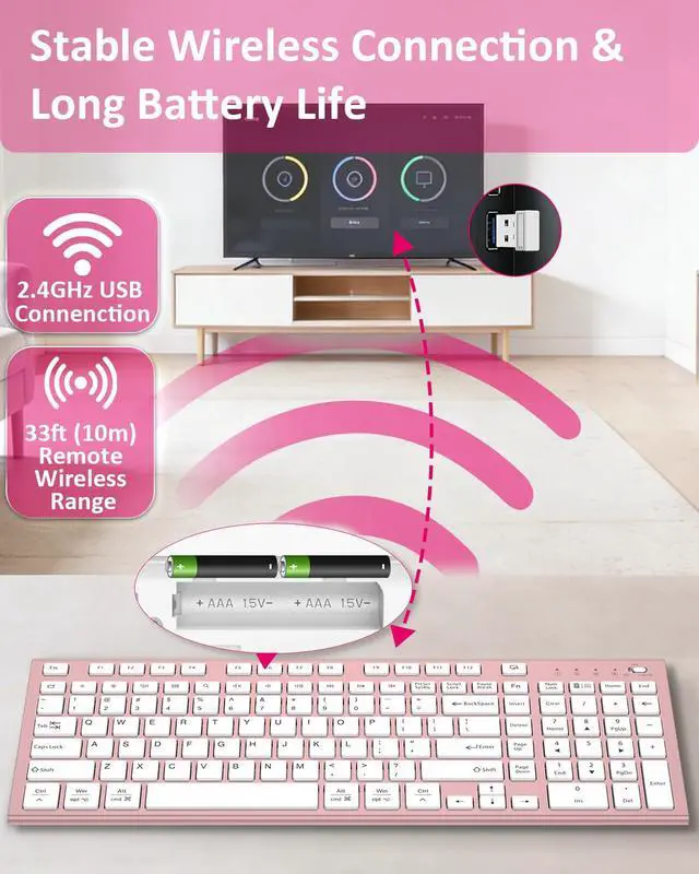 Alt view image 6 of 7 - Wireless Silent Keyboard, Ultra Quiet USB C Low Profile Compact Full Size with Number Pad Flat Slim Thin Soft Touch for Mac Computer MacBook iMac PC Laptop Desktop Office (Pink Rose Gold)