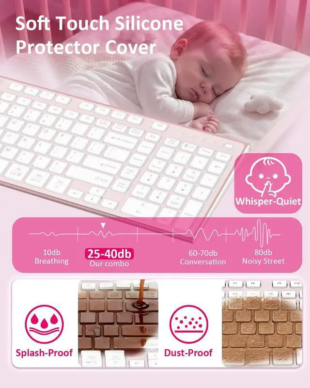 Alt view image 3 of 7 - Wireless Silent Keyboard, Ultra Quiet USB C Low Profile Compact Full Size with Number Pad Flat Slim Thin Soft Touch for Mac Computer MacBook iMac PC Laptop Desktop Office (Pink Rose Gold)