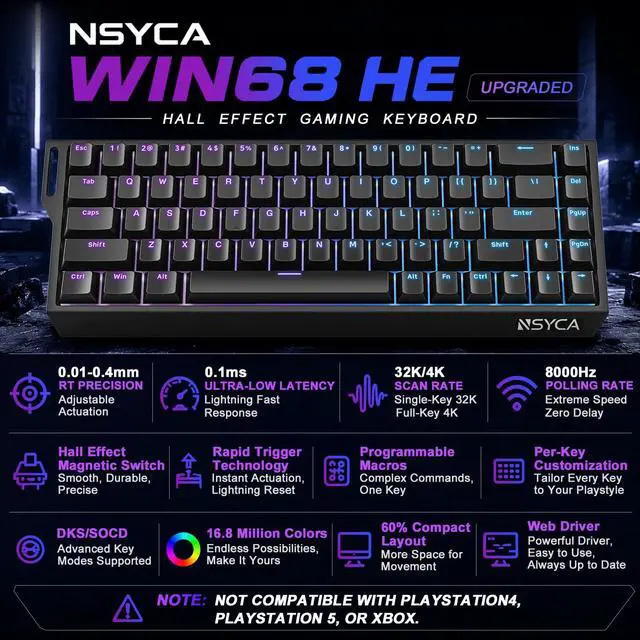 Alt view image 2 of 7 - HE Hall Effect Keyboard, Rapid Trigger Magnetic Gaming Keyboard, 8000Hz Polling Rate, DKS & SOCD, 0.01mm Adjustable Actuation, RGB PBT Keycaps, 60% Wired Keyboard for FPS Gaming PC & Mac