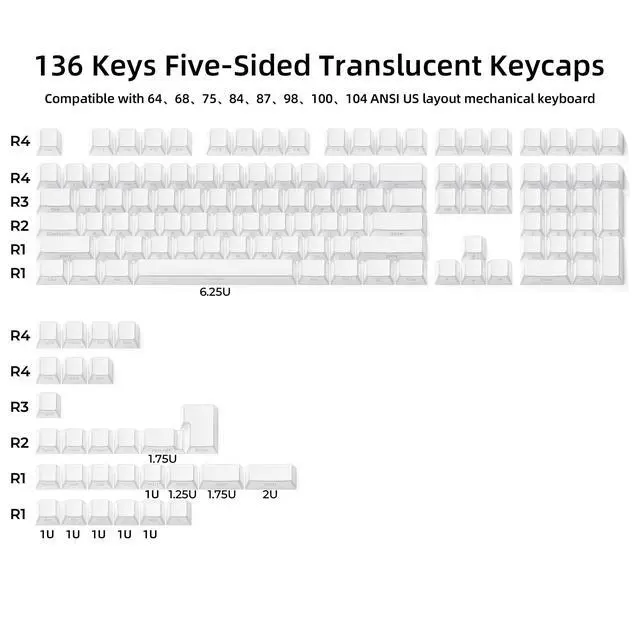 Alt view image 2 of 7 - White Shine Through Keycaps, PBT Keyboard Keycaps Cherry Profile, Custom Side Printed Keycap Sets Suitable for 60% 65% 75% 80% 100% Mechanical Keyboard