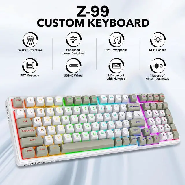 Alt view image 2 of 7 - Wired Mechanical Keyboard, Creamy Sound, Hot Swappable Pre-lubed Linear Switches, Gasket Structure with Sound Dampening Foam, RGB Backlit, 99 Keys Custom Gaming Keyboard for PC/Mac,Gray