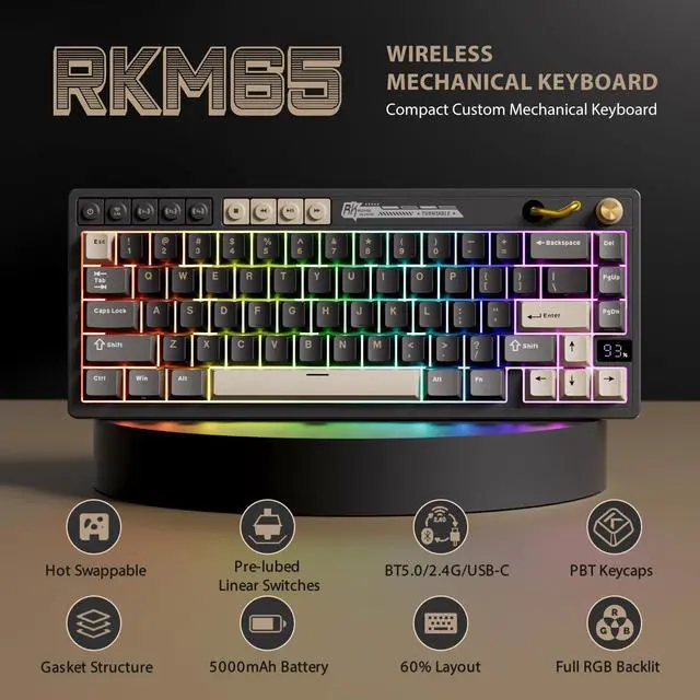 Alt view image 2 of 7 - Wireless Gaming Keyboard with Volume Knob, 60% Hot Swappable Mechanical Keyboard 2.4G/BT/USB-C, Gasket Mount, Battery Display, PBT Keycaps, Hot-Swappable Cream Switch, Black