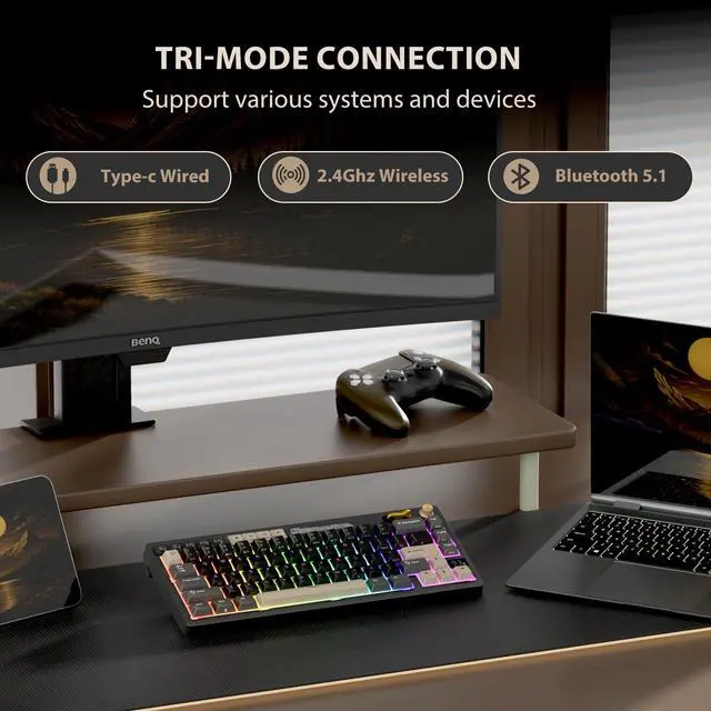 Alt view image 3 of 7 - Wireless Gaming Keyboard with Volume Knob, 60% Hot Swappable Mechanical Keyboard 2.4G/BT/USB-C, Gasket Mount, Battery Display, PBT Keycaps, Hot-Swappable Cream Switch, Black
