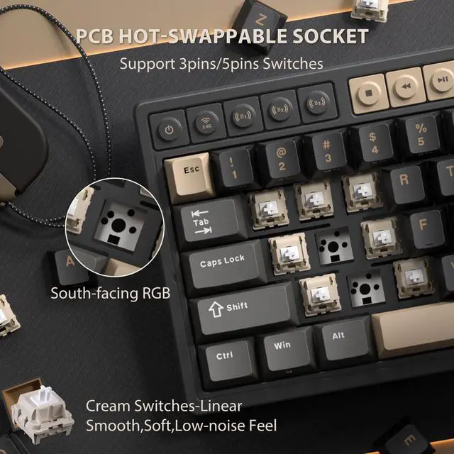 Alt view image 6 of 7 - Wireless Gaming Keyboard with Volume Knob, 60% Hot Swappable Mechanical Keyboard 2.4G/BT/USB-C, Gasket Mount, Battery Display, PBT Keycaps, Hot-Swappable Cream Switch, Black