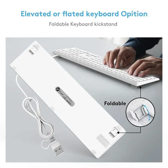 Alt view image 4 of 7 - Wired macOS Keyboard with USB-A/USB-C 2-in-1 Cable, Full-Size Apple-Style Layout with Numeric Keypad, Foldable Kickstand, Plug-and-Play, Compatible with Apple iMac, Mac mini, and MacBook Pro/Air