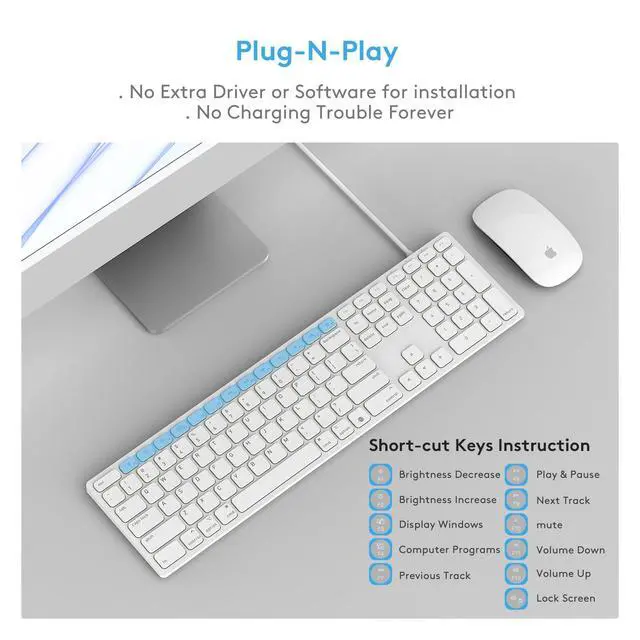 Alt view image 5 of 7 - Wired macOS Keyboard with USB-A/USB-C 2-in-1 Cable, Full-Size Apple-Style Layout with Numeric Keypad, Foldable Kickstand, Plug-and-Play, Compatible with Apple iMac, Mac mini, and MacBook Pro/Air