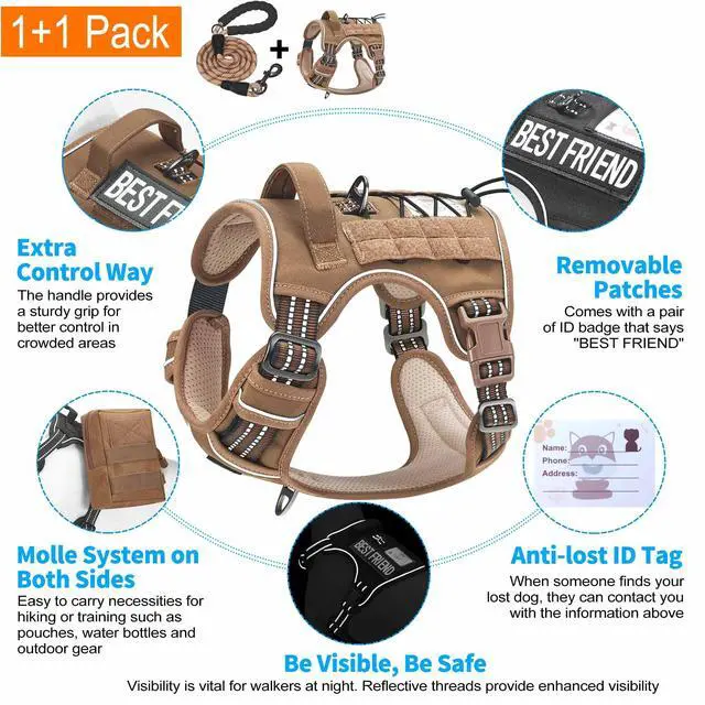 Alt view image 4 of 5 - Heavy Duty Tactical Dog Harness for Small Dogs, No Pull Adjustable Pet Harness Reflective Service Training Easy Control Pet Vest Military K9 Working Dog Harnesses- Large, Brown