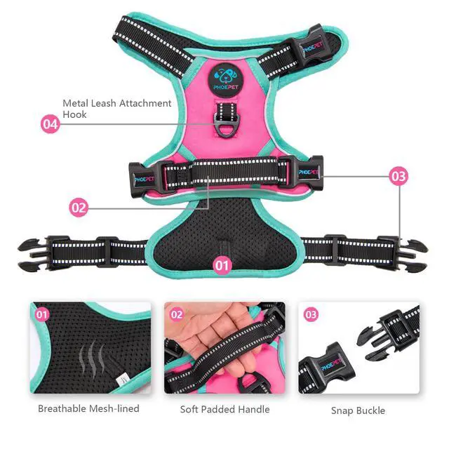 Alt view image 3 of 6 - Upgraded No Pull Dog Harness, Reflective Adjustable Vest, with a Training Handle + 2 Metal Leash Hooks+ 3 Snap Buckles +4 Slide Buckles(L, Pink)