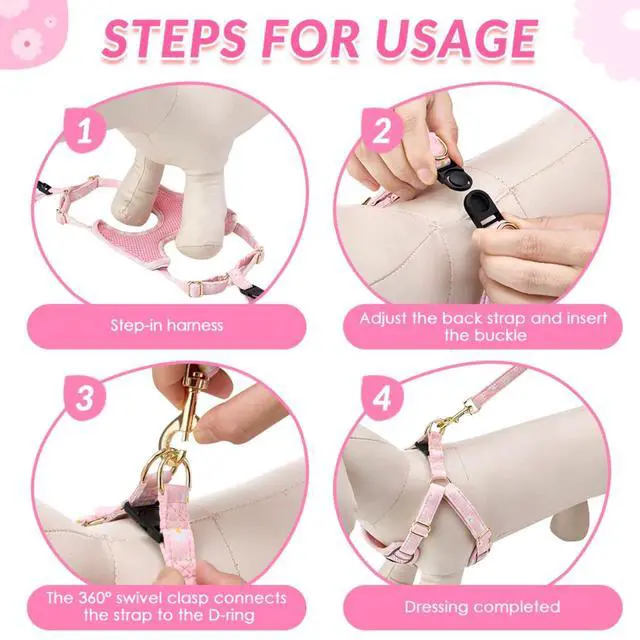 Alt view image 7 of 7 - Small Dog Harness and Leash Set, No Pull & Lightweight, Pink, XXS