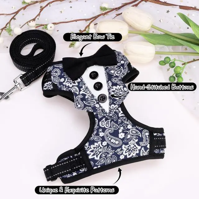Alt view image 2 of 7 - Dog Tuxedo Harness for Small Medium Dogs, No Pull Dog Harness and Leash Set,Soft Padded Mesh Step-in Dog Vest Tux Costume for Wedding Outfit Birthday Party Holiday,Pet Formal Wear with Bowtie
