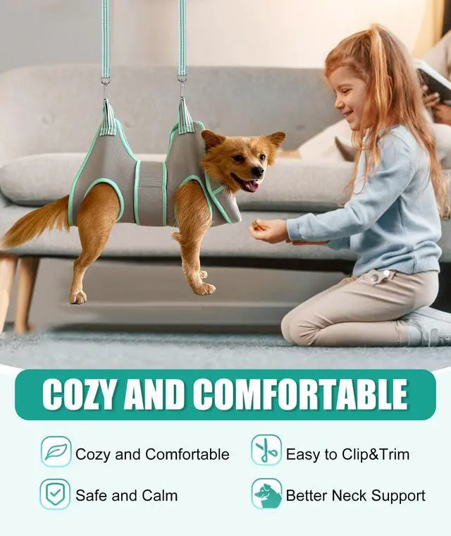 Alt view image 2 of 6 - XS Dog Grooming Hammock Harness, Grey, Nail Trimming, Holder, Restraint, Thick Neck Support