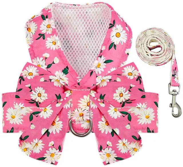 Main image of Dog Harness and Leash Set with Bow Knot No Pull Pet Daisy Floral Harness with D-Ring Soft Mesh Dog Harness Vest Set Escape Proof Princess Puppy Harness for Small Girl Dogs CatsPink XS