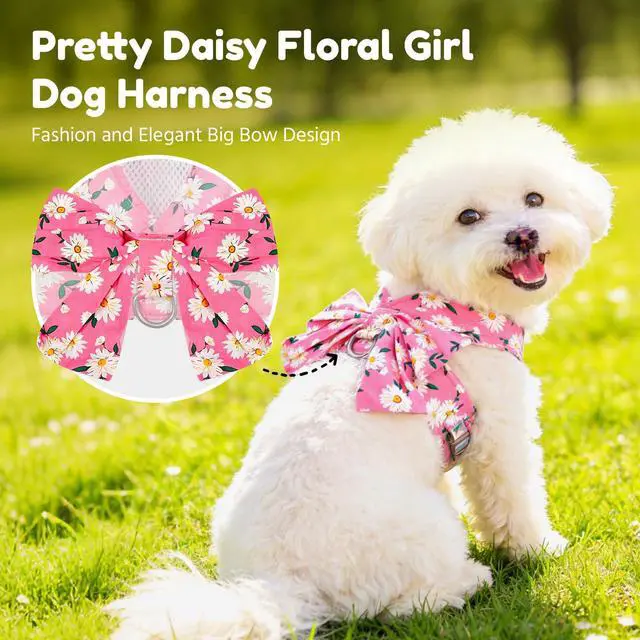 Alt view image 2 of 7 - Dog Harness and Leash Set with Bow Knot No Pull Pet Daisy Floral Harness with D-Ring Soft Mesh Dog Harness Vest Set Escape Proof Princess Puppy Harness for Small Girl Dogs CatsPink XS