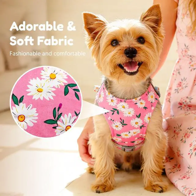Alt view image 3 of 7 - Dog Harness and Leash Set with Bow Knot No Pull Pet Daisy Floral Harness with D-Ring Soft Mesh Dog Harness Vest Set Escape Proof Princess Puppy Harness for Small Girl Dogs CatsPink XS