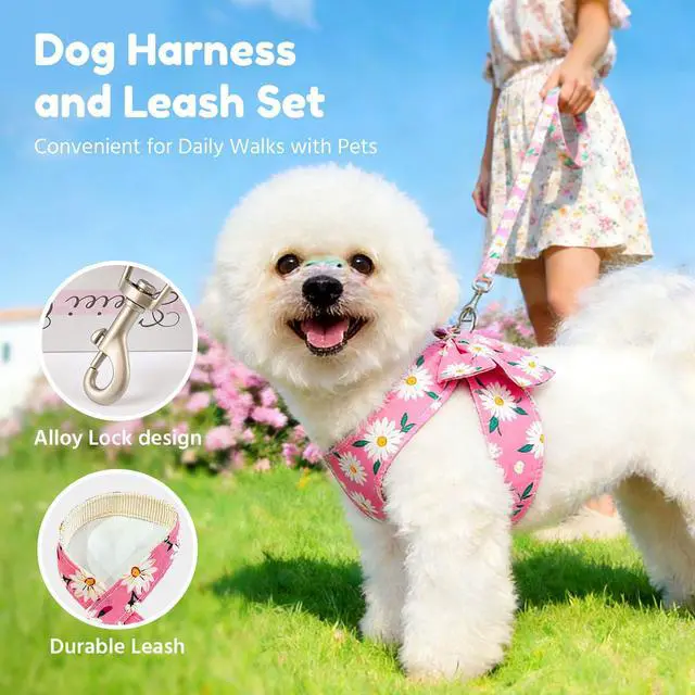 Alt view image 5 of 7 - Dog Harness and Leash Set with Bow Knot No Pull Pet Daisy Floral Harness with D-Ring Soft Mesh Dog Harness Vest Set Escape Proof Princess Puppy Harness for Small Girl Dogs CatsPink XS