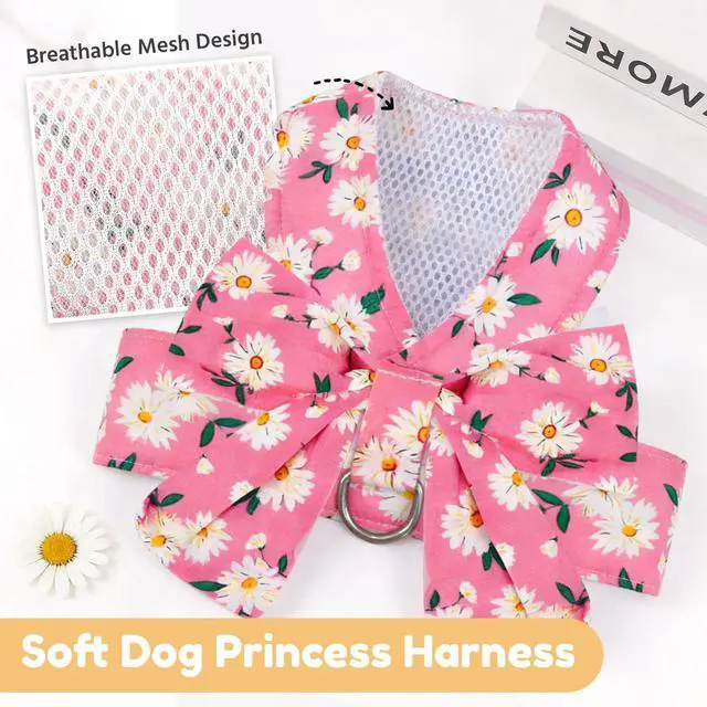 Alt view image 6 of 7 - Dog Harness and Leash Set with Bow Knot No Pull Pet Daisy Floral Harness with D-Ring Soft Mesh Dog Harness Vest Set Escape Proof Princess Puppy Harness for Small Girl Dogs CatsPink XS