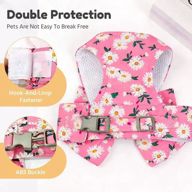 Alt view image 7 of 7 - Dog Harness and Leash Set with Bow Knot No Pull Pet Daisy Floral Harness with D-Ring Soft Mesh Dog Harness Vest Set Escape Proof Princess Puppy Harness for Small Girl Dogs CatsPink XS