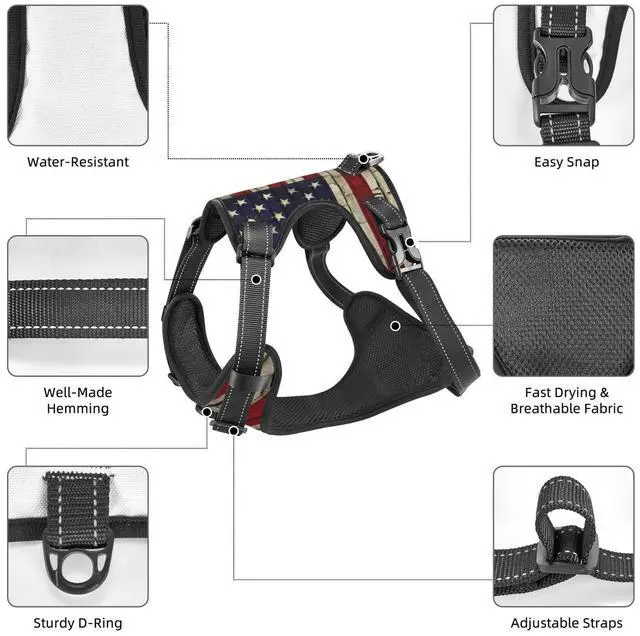 Alt view image 5 of 6 - American Flag Vintage Reflective Dog Harness No Pull Soft Vest Harness for Small Medium Large Dog Puppy Pets Medium Size