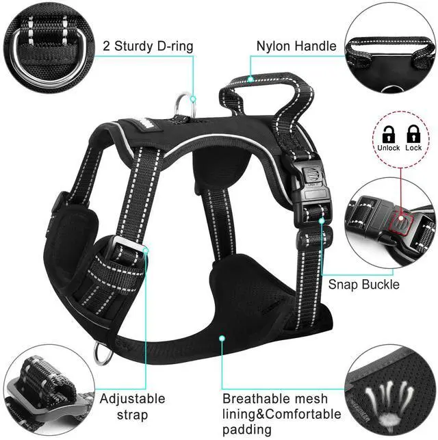 Alt view image 4 of 7 - Dog Harness No Pull, Pet Harnesses with Dog Collar, Adjustable Reflective Oxford Outdoor Vest, Front/Back Leash Clips for Small, Medium, Large, Extra Large Dogs, Easy Control Handle for Walking
