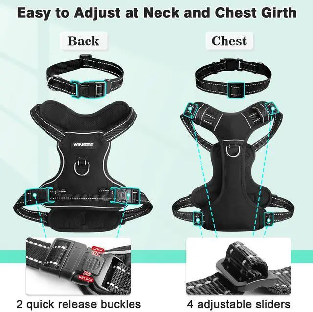 Alt view image 5 of 7 - Dog Harness No Pull, Pet Harnesses with Dog Collar, Adjustable Reflective Oxford Outdoor Vest, Front/Back Leash Clips for Small, Medium, Large, Extra Large Dogs, Easy Control Handle for Walking
