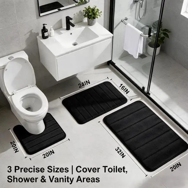 Alt view image 2 of 7 - Bathroom Rugs Set Memory Foam Bath Rugs Non-Slip Bath Mat Set 3 Piece,Washable Bathroom Mats,Absorbent Shaggy Rugs Super Soft U-Shaped Toilet Rug,Bahroom Carpets for Bathroom,Tub,ShowerBlack