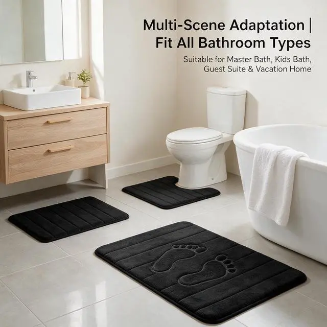 Alt view image 6 of 7 - Bathroom Rugs Set Memory Foam Bath Rugs Non-Slip Bath Mat Set 3 Piece,Washable Bathroom Mats,Absorbent Shaggy Rugs Super Soft U-Shaped Toilet Rug,Bahroom Carpets for Bathroom,Tub,ShowerBlack