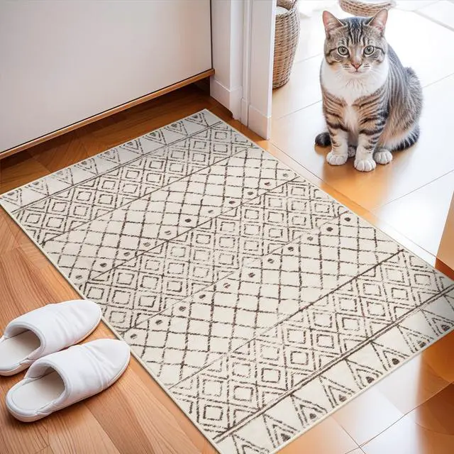 Main image of 2x3 Small Rug Washable Rug: Moroccan Kitchen Low Pile Area Rugs Beige