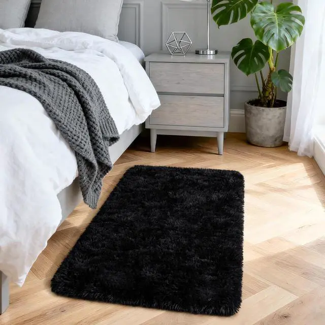 Alt view image 2 of 6 - Soft Modern Indoor Shaggy Area Rug for Bedroom Livingroom Dorm Kids Room Home Decorative, Non-Slip Plush Fluffy Furry Fur Rugs Comfy Nursery Accent Floor Carpet 2x3 Feet, Black