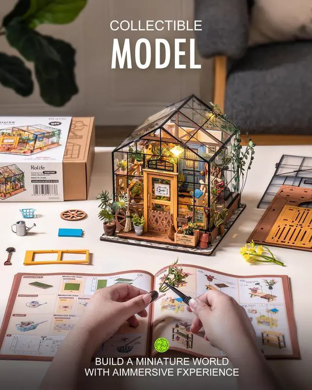 Alt view image 6 of 7 - DIY Miniature Greenhouse Kits for Adults - Cathy's Flower House | Beginner-Friendly Diorama Kits Mayberry Street Tiny House For Adults, Birthday/Christmas Decor Crafts Gifts For Plant Lovers