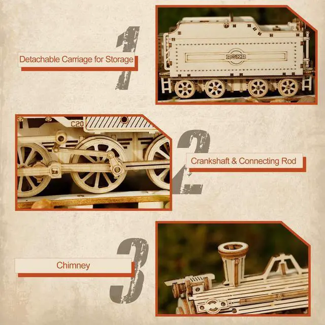 Alt view image 5 of 7 - Model Car Kits Wooden 3D Puzzles Model Building Kits for Adults to Build-Educational Brain Teaser Assembly Model, Desk Decor/DIY Hobbies/Gifts (Prime Steam Express/12.1 * 2.7 * 3.3)