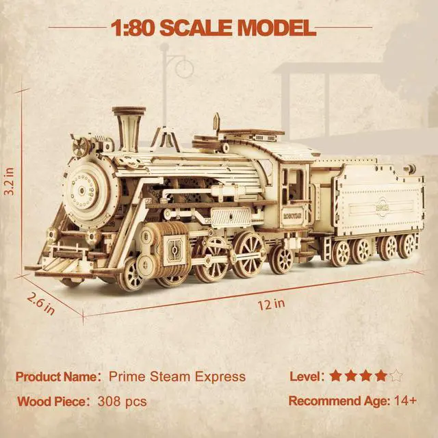 Alt view image 6 of 7 - Model Car Kits Wooden 3D Puzzles Model Building Kits for Adults to Build-Educational Brain Teaser Assembly Model, Desk Decor/DIY Hobbies/Gifts (Prime Steam Express/12.1 * 2.7 * 3.3)