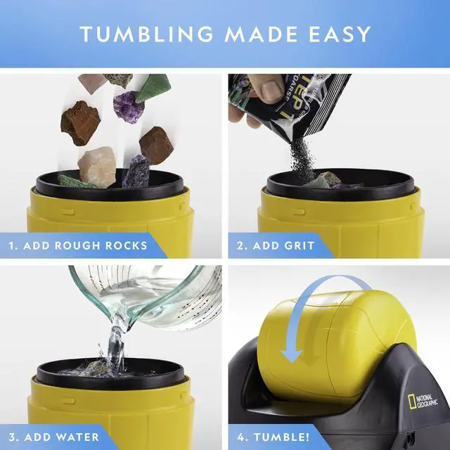Alt view image 2 of 7 - National Geographic Starter Rock Tumbler Kit for Kids and Adults | Leak-Proof Rubber Barrel, 1/2 Lb. Rough Gemstones, 4-Stage Polishing Grit, Jewelry Fastenings, Geology Hobby, Birthday Gift