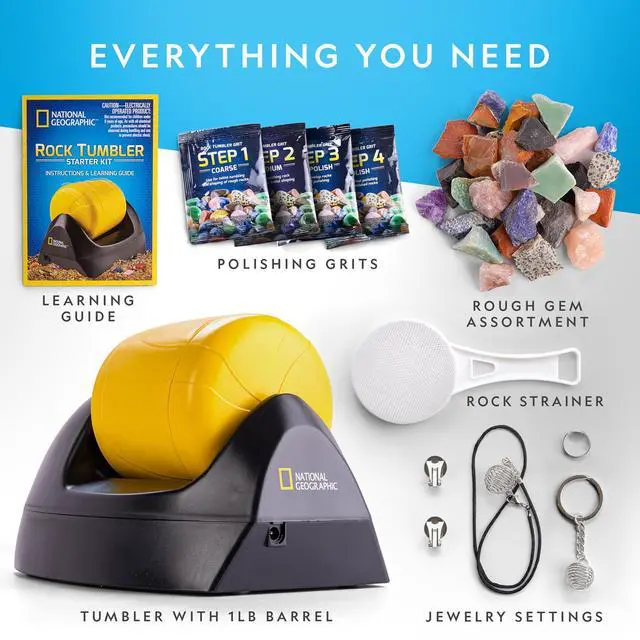 Alt view image 5 of 7 - National Geographic Starter Rock Tumbler Kit for Kids and Adults | Leak-Proof Rubber Barrel, 1/2 Lb. Rough Gemstones, 4-Stage Polishing Grit, Jewelry Fastenings, Geology Hobby, Birthday Gift