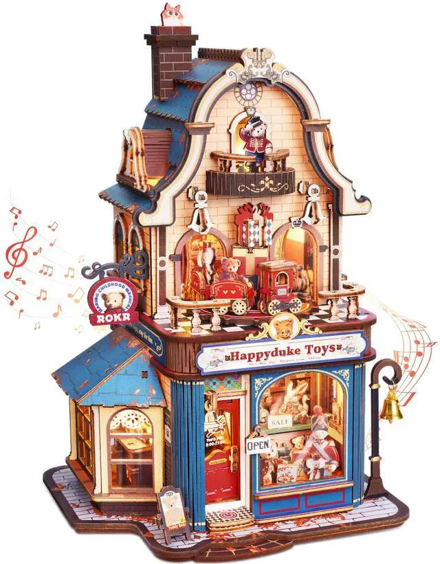 Main image of Bear Toy Store DIY Miniature House Kit, 3D Wooden Puzzles for Adults | Model Building Kits with Music & Lights, Craft Hobby Gifts for Women, Man, No Gule Desk Decor Bookshelf Decor Display
