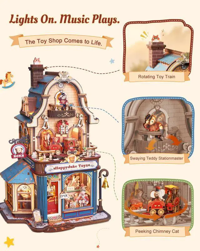 Alt view image 3 of 7 - Bear Toy Store DIY Miniature House Kit, 3D Wooden Puzzles for Adults | Model Building Kits with Music & Lights, Craft Hobby Gifts for Women, Man, No Gule Desk Decor Bookshelf Decor Display