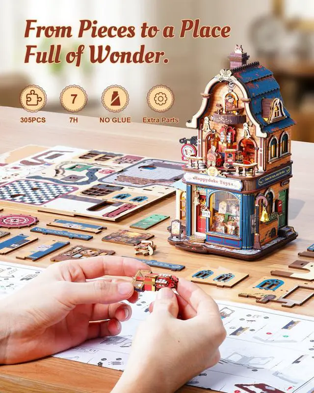 Alt view image 5 of 7 - Bear Toy Store DIY Miniature House Kit, 3D Wooden Puzzles for Adults | Model Building Kits with Music & Lights, Craft Hobby Gifts for Women, Man, No Gule Desk Decor Bookshelf Decor Display