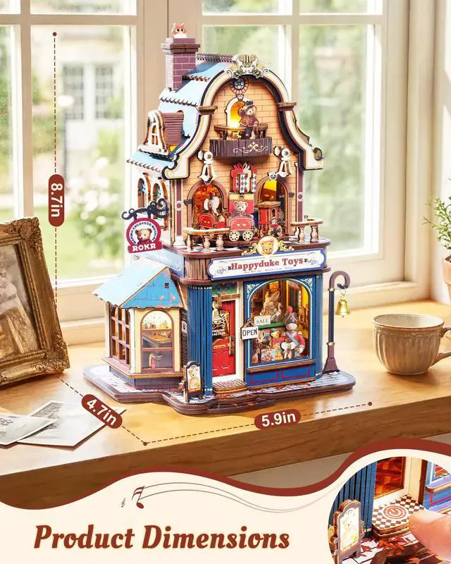 Alt view image 7 of 7 - Bear Toy Store DIY Miniature House Kit, 3D Wooden Puzzles for Adults | Model Building Kits with Music & Lights, Craft Hobby Gifts for Women, Man, No Gule Desk Decor Bookshelf Decor Display