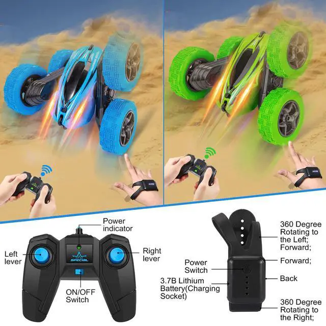 Alt view image 3 of 7 - 2PACK RC Stunt Car Watch Gesture Sensor Car 4WD Double Sided 360 Degree Rotating Tumbling Rechargeable Car High Speed 2.4GHZ Off Road Hobby RC Toy Cars for Xmas Birthday Gift Adults,Kids (Blue/Green)