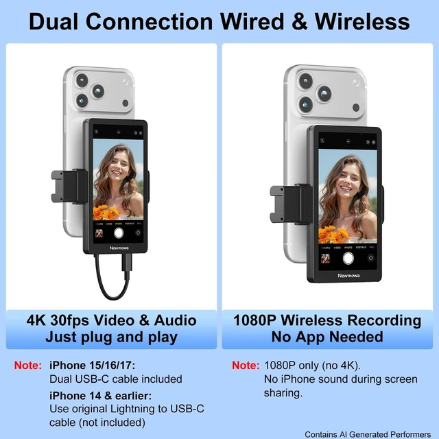 Alt view image 2 of 6 - Magnetic Phone Clip Selfie Monitor Screen for iPhone, 4K/1080P | Selfie Monitor Screen iPhone, 4K 30fps Wired, 1080P Wireless Recording, TikTok, YouTube, Live Stream, Vlog, Content Creator