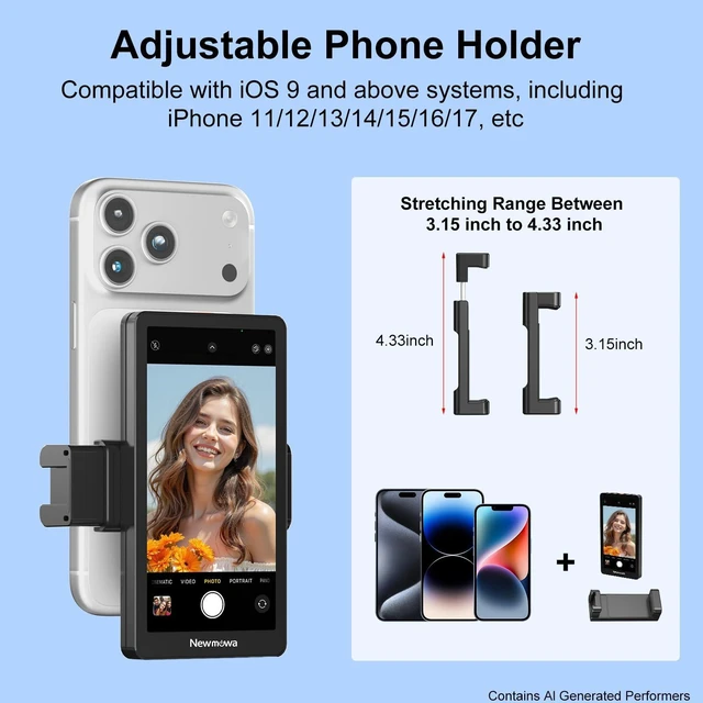 Alt view image 3 of 6 - Magnetic Phone Clip Selfie Monitor Screen for iPhone, 4K/1080P | Selfie Monitor Screen iPhone, 4K 30fps Wired, 1080P Wireless Recording, TikTok, YouTube, Live Stream, Vlog, Content Creator