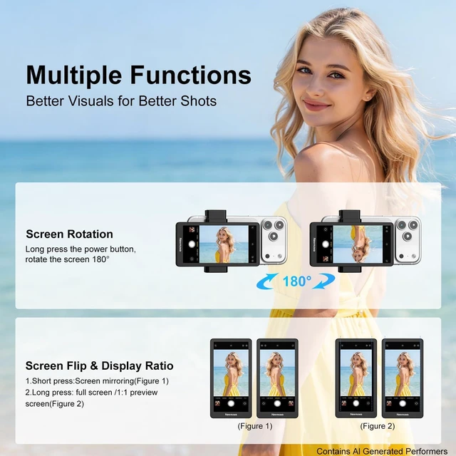 Alt view image 4 of 6 - Magnetic Phone Clip Selfie Monitor Screen for iPhone, 4K/1080P | Selfie Monitor Screen iPhone, 4K 30fps Wired, 1080P Wireless Recording, TikTok, YouTube, Live Stream, Vlog, Content Creator