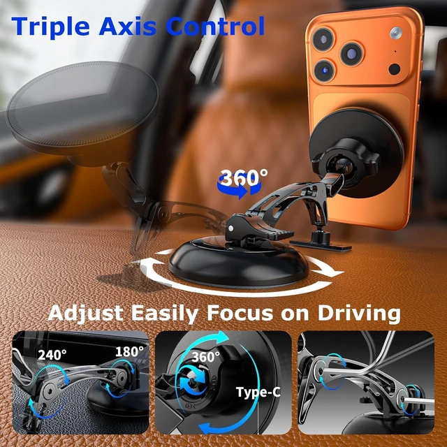 Alt view image 4 of 7 - Dual Support for MagSafe Car Mount, Magnetic Phone Holder for Car with Vacuum, 360°Adjustable Metal Head &Extension Rod, Cell Phone Holders for Your Car for iPhone17/16/15/14/13/12, Android