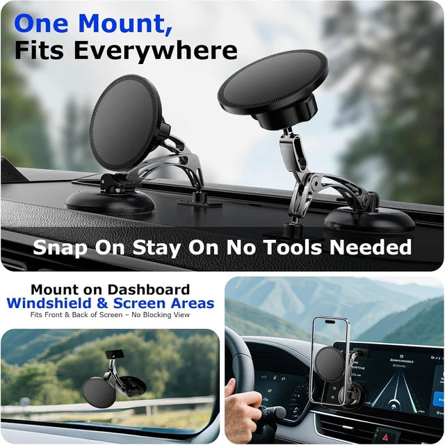 Alt view image 5 of 7 - Dual Support for MagSafe Car Mount, Magnetic Phone Holder for Car with Vacuum, 360°Adjustable Metal Head &Extension Rod, Cell Phone Holders for Your Car for iPhone17/16/15/14/13/12, Android
