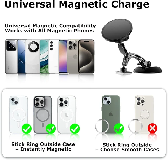 Alt view image 7 of 7 - Dual Support for MagSafe Car Mount, Magnetic Phone Holder for Car with Vacuum, 360°Adjustable Metal Head &Extension Rod, Cell Phone Holders for Your Car for iPhone17/16/15/14/13/12, Android