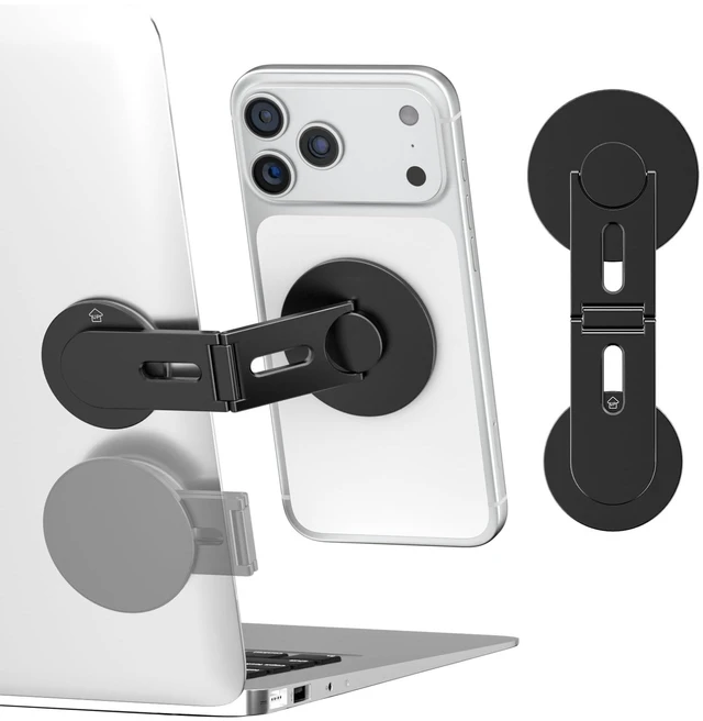 Main image of Magnetic Phone Laptop Holder Mount, Foldable Hidden Portable Stand for iPhone 18/17/16/15/14 & All Phone, Clamp for Monitor Side, Compatible with Laptop, Desktop, Tesla Model 3/ Y, Black