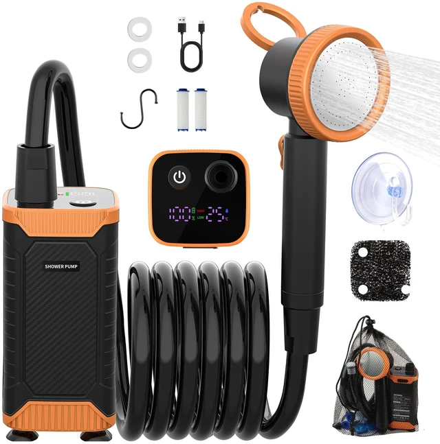 Main image of Portable Camping Shower, 8000mAh Rechargeable Outdoor Shower Pump | Filtered Showerhead, Intelligent LED Display, IPX8 Waterproof, Camping Shower Kit for Hiking, RV, Car Washing, Pet Bath